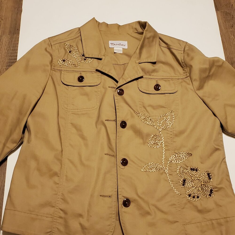 Vintage Tanjay Beige/Tan Embrodiered Beaded Button Up Blazer/Jacket - Size 12